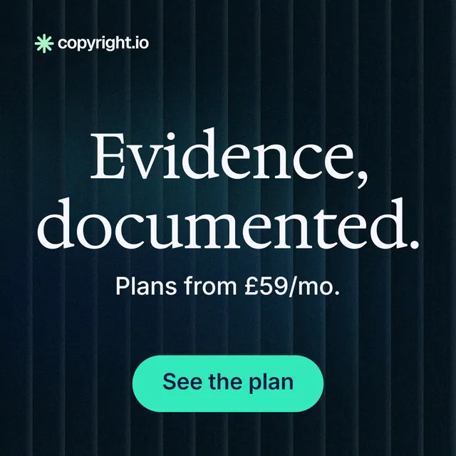 Instagram post for copyright.io: "Evidence, documented." Agentic glass style, skeleton layout, dark palette in black, teal.