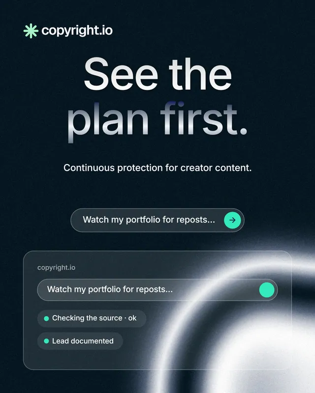 Instagram portrait post for copyright.io: "See the plan first." Agentic glass style, centred layout, dark palette in black, blue, grey.