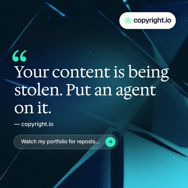 Instagram post for copyright.io: "See the plan first." Agentic glass style, quote layout, dark palette in blue, black, teal.