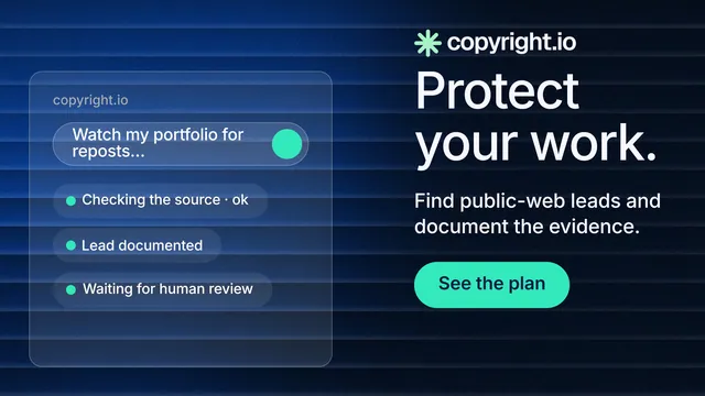 Landscape graphic for copyright.io: "Protect your work." Agentic glass style, skeleton layout, dark palette in blue, black.