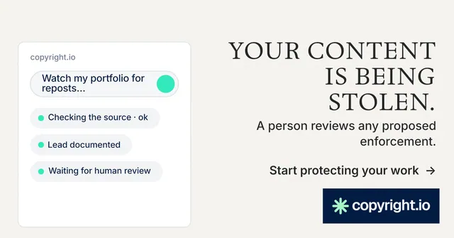 Social ad for copyright.io: "Your content is being stolen." Minimal luxury style, right layout, light palette in white, grey.