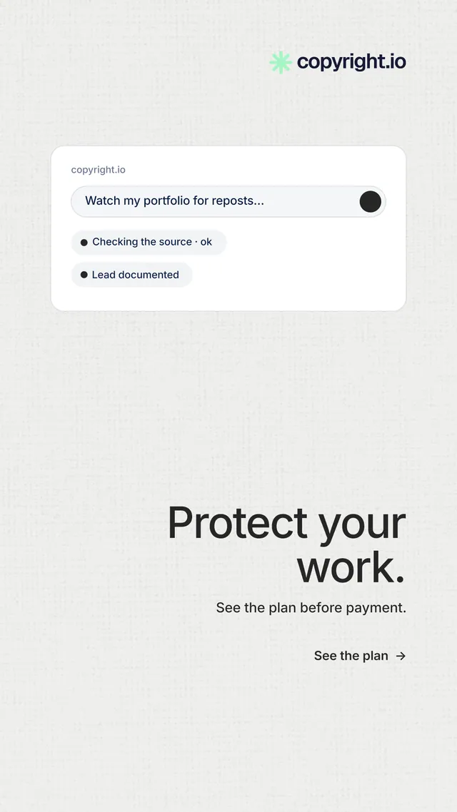 Instagram story for copyright.io: "Protect your work." Minimal luxury style, right layout, light palette in white.