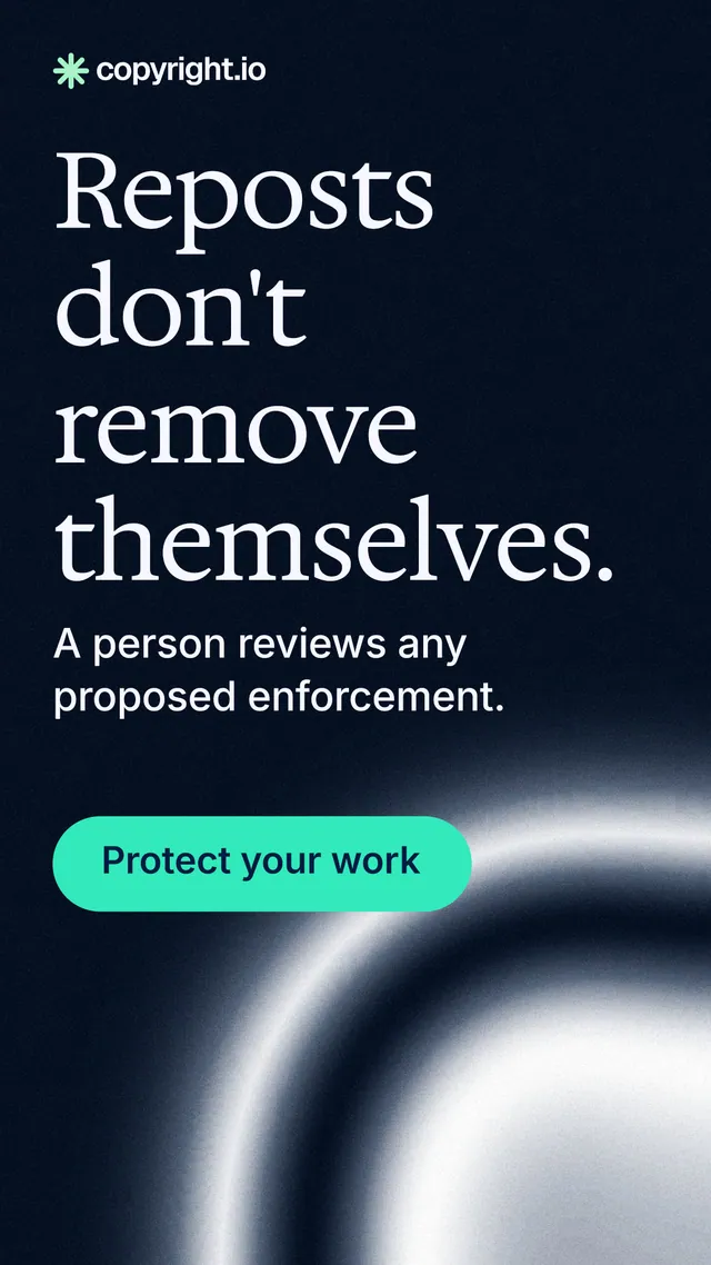 Instagram story for copyright.io: "Reposts don't remove themselves." Agentic glass style, skeleton layout, dark palette in black, teal, blue.