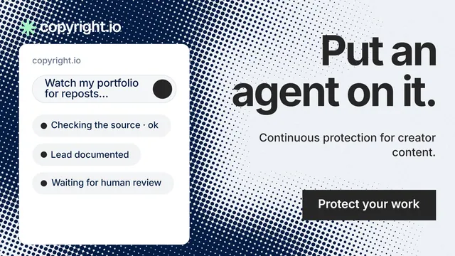 Landscape graphic for copyright.io: "Put an agent on it." Swiss style, right layout, light palette in white, blue, grey.