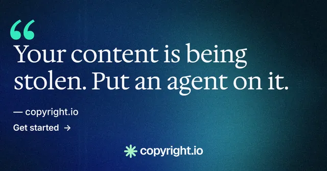Social ad for copyright.io: "Evidence, documented." Minimal luxury style, quote layout, dark palette in blue.