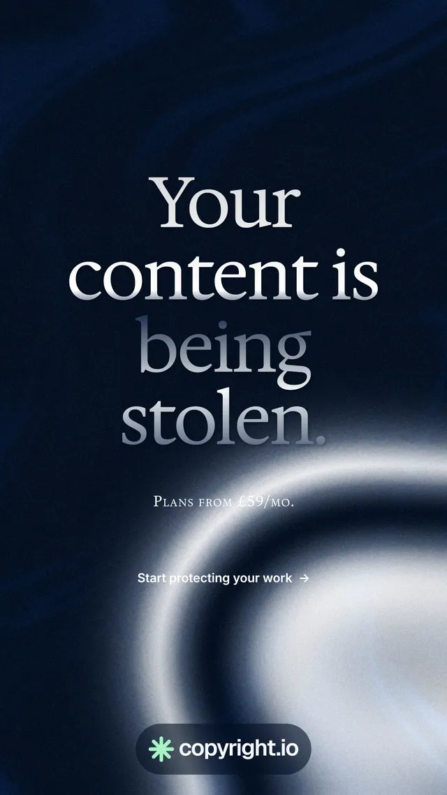 Instagram story for copyright.io: "Your content is being stolen." Agentic glass style, smallcaps layout, dark palette in black, grey, blue.