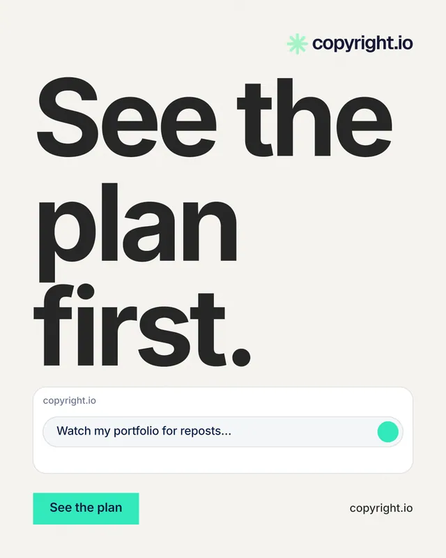 Instagram portrait post for copyright.io: "See the plan first." Swiss style, poster layout, light palette in white, grey.