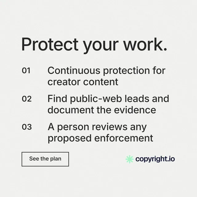 Instagram post for copyright.io: "Protect your work." Editorial style, numbered layout, light palette in white, grey.