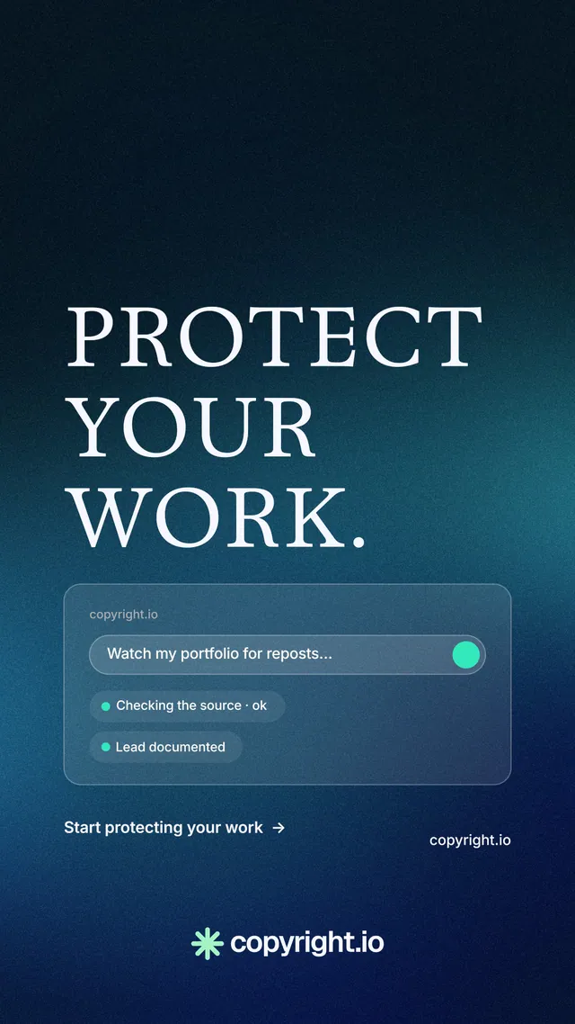 Instagram story for copyright.io: "Protect your work." Minimal luxury style, poster layout, dark palette in blue, black.
