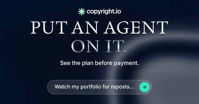 Social ad for copyright.io: "Put an agent on it." Agentic glass style, centred layout, dark palette in black, grey, blue.