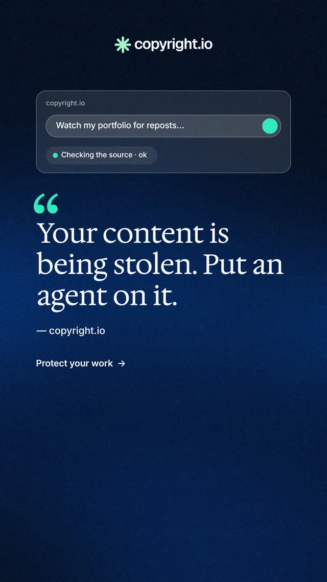 Instagram story for copyright.io: "Your content is being stolen." Minimal luxury style, quote layout, dark palette in blue, black.