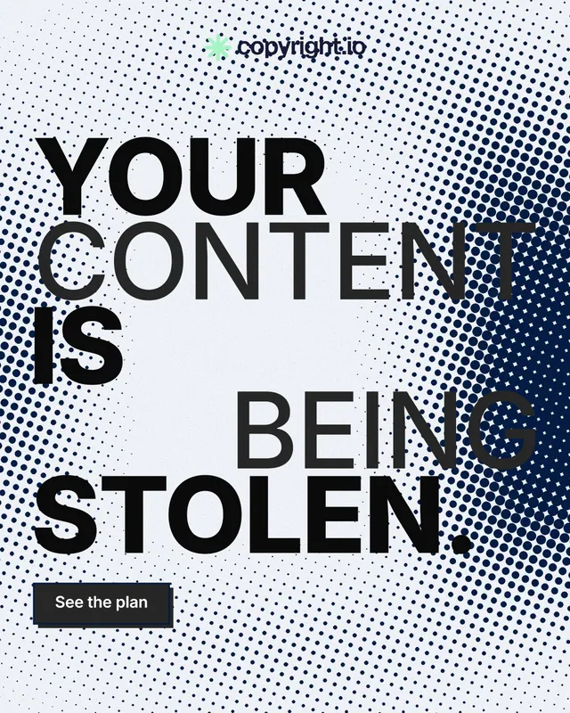 Instagram portrait post for copyright.io: "Your content is being stolen." Brutalist style, stacked layout, light palette in blue, grey, white.