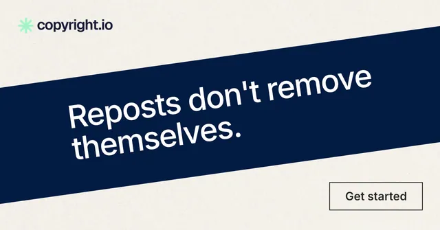 Social ad for copyright.io: "Reposts don't remove themselves." Editorial style, diagonal layout, light palette in white, blue.