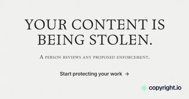 Social ad for copyright.io: "Your content is being stolen." Minimal luxury style, smallcaps layout, light palette in white.