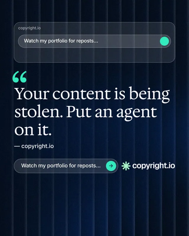 Instagram portrait post for copyright.io: "Evidence, documented." Agentic glass style, quote layout, dark palette in blue, black.