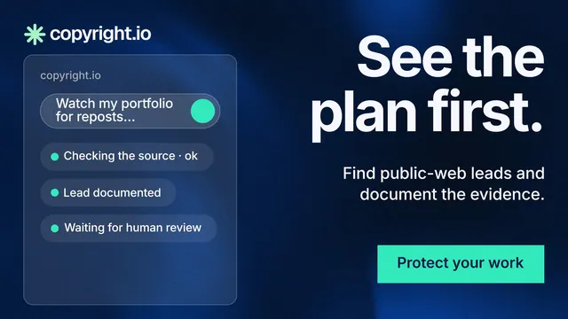 Landscape graphic for copyright.io: "See the plan first." Swiss style, right layout, dark palette in black, blue, teal.
