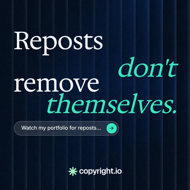 Instagram post for copyright.io: "Reposts don't remove themselves." Agentic glass style, stacked layout, dark palette in black, blue.
