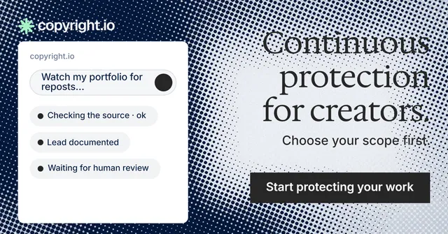 Social ad for copyright.io: "Continuous protection for creators." Split block style, right layout, light palette in grey, blue, white.