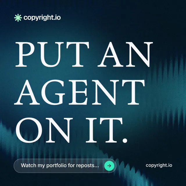 Instagram post for copyright.io: "Put an agent on it." Agentic glass style, poster layout, dark palette in blue, black.