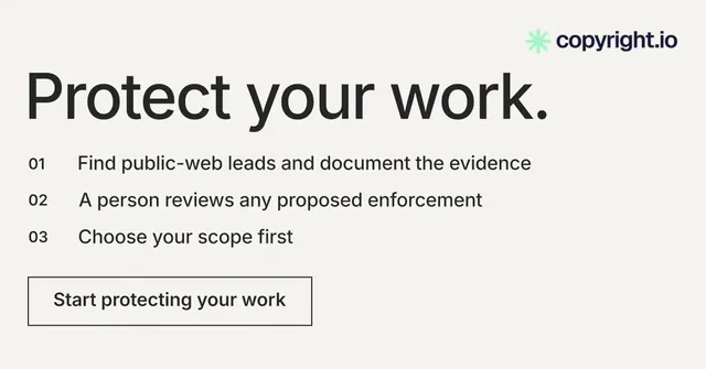 Social ad for copyright.io: "Protect your work." Editorial style, numbered layout, light palette in white, grey.