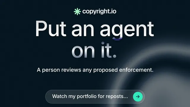 Landscape graphic for copyright.io: "Put an agent on it." Agentic glass style, centred layout, dark palette in black, grey, blue.
