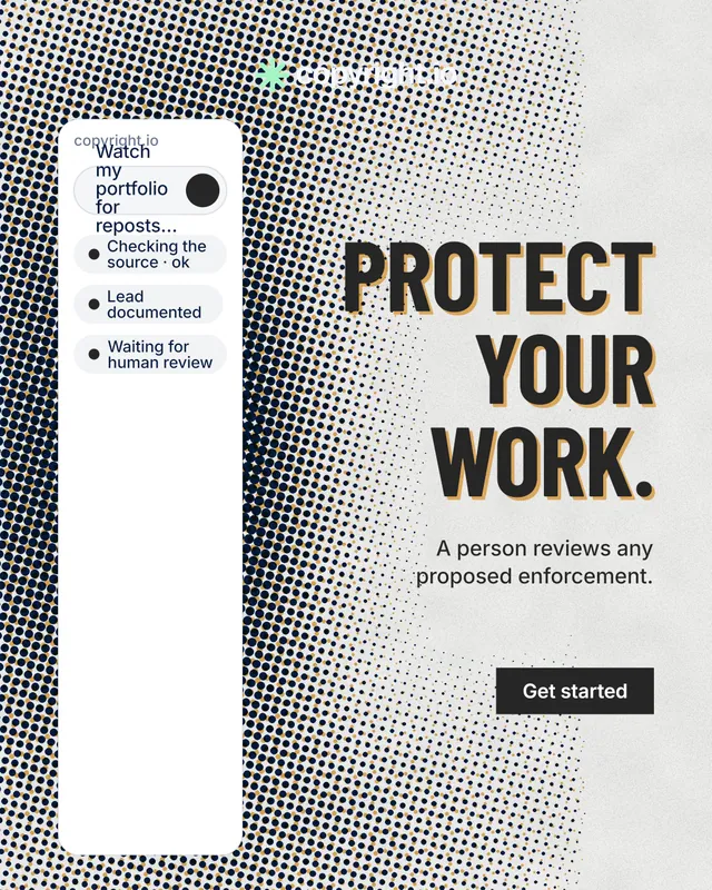 Instagram portrait post for copyright.io: "Protect your work." Retro print style, right layout, light palette in grey, white.