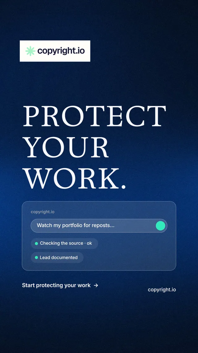 Instagram story for copyright.io: "Protect your work." Minimal luxury style, poster layout, dark palette in blue, black.