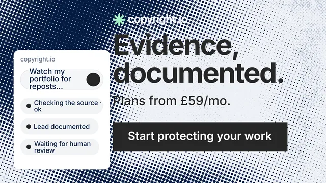 Landscape graphic for copyright.io: "Evidence, documented." Swiss style, skeleton layout, light palette in blue, grey, white.
