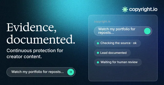 Social ad for copyright.io: "Evidence, documented." Agentic glass style, bottom layout, dark palette in blue, black, teal.