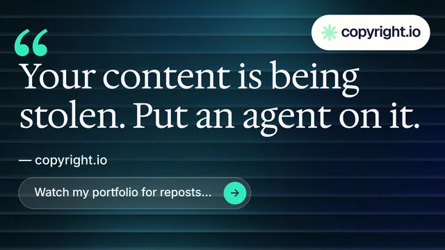 Landscape graphic for copyright.io: "Continuous protection for creators." Agentic glass style, quote layout, dark palette in blue, black, grey.