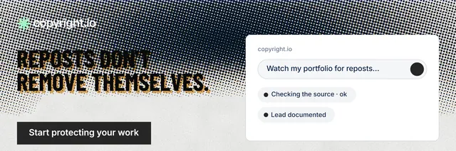 X header for copyright.io: "Reposts don't remove themselves." Retro print style, bottom layout, light palette in black, white, grey.