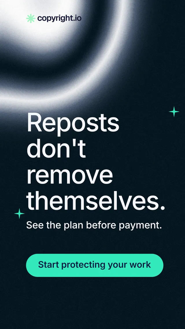 Instagram story for copyright.io: "Reposts don't remove themselves." Y2K style, skeleton layout, dark palette in black, grey, teal.