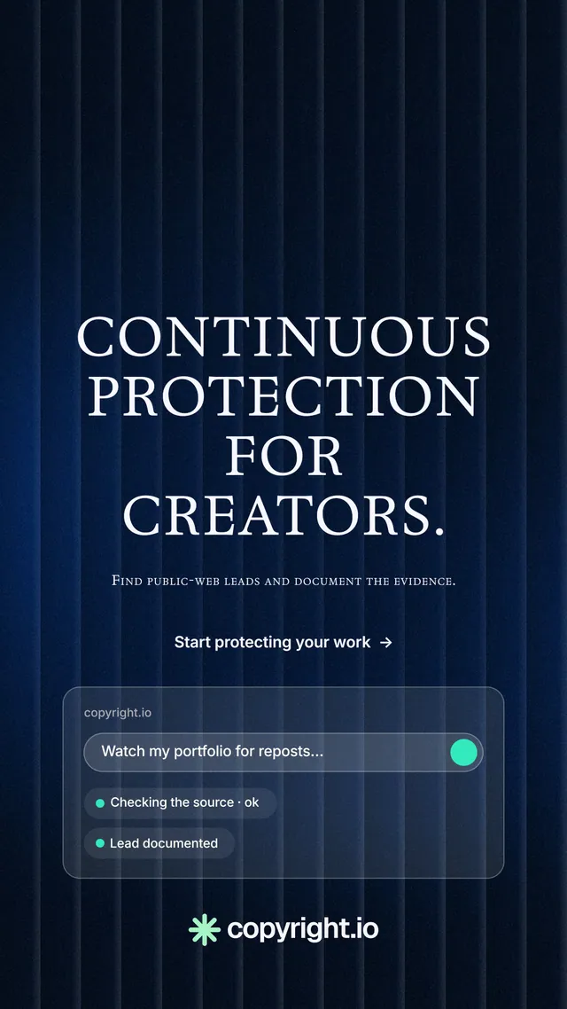 Instagram story for copyright.io: "Continuous protection for creators." Minimal luxury style, smallcaps layout, dark palette in blue, black.
