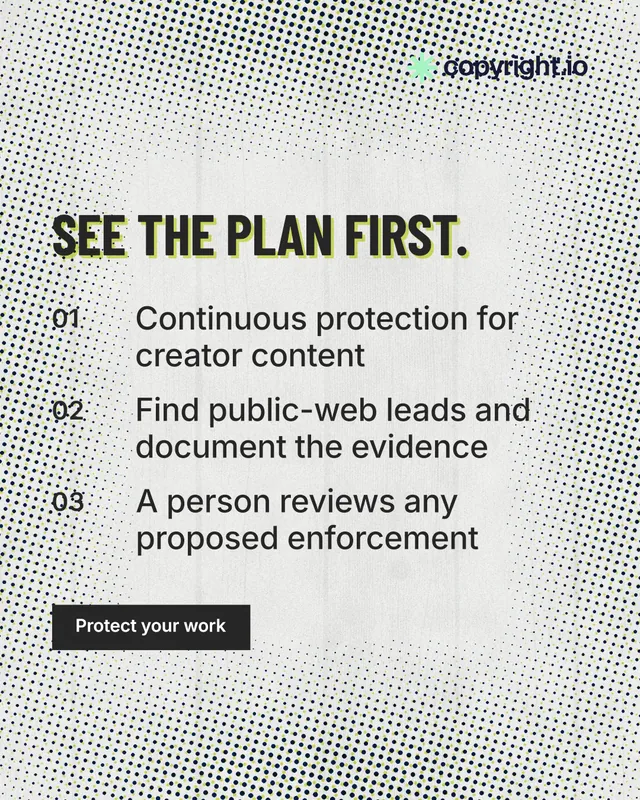 Instagram portrait post for copyright.io: "See the plan first." Retro print style, numbered layout, light palette in white, grey.