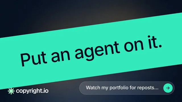 Landscape graphic for copyright.io: "Put an agent on it." Agentic glass style, diagonal layout, light palette in teal, black, blue.