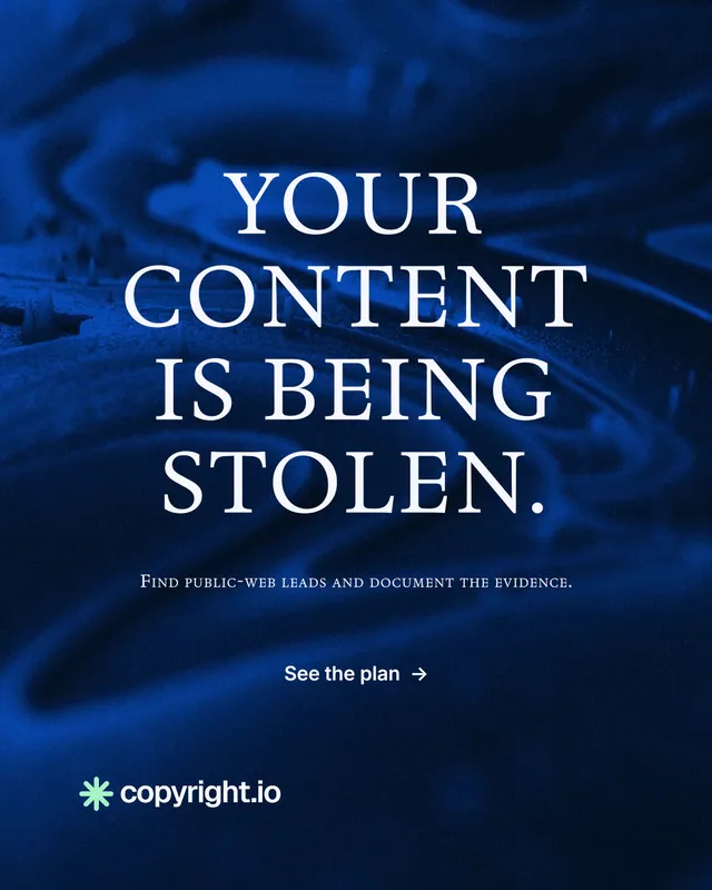 Instagram portrait post for copyright.io: "Your content is being stolen." Minimal luxury style, smallcaps layout, dark palette in blue, black.