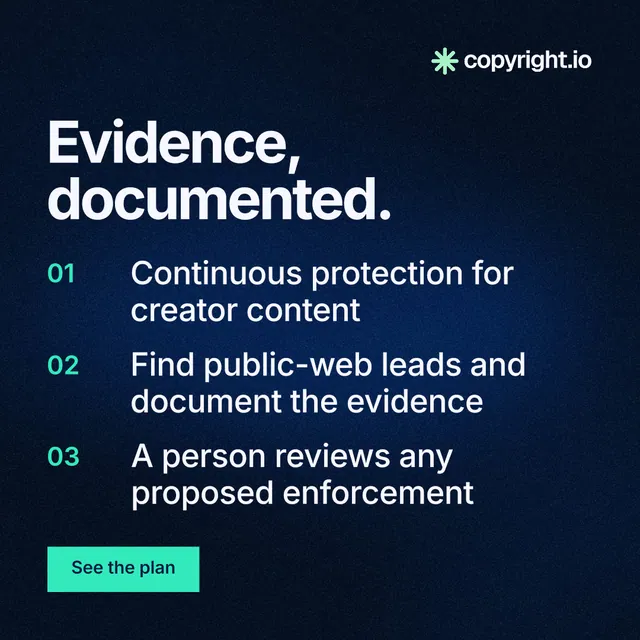 Instagram post for copyright.io: "Evidence, documented." Swiss style, numbered layout, dark palette in black, blue, grey.