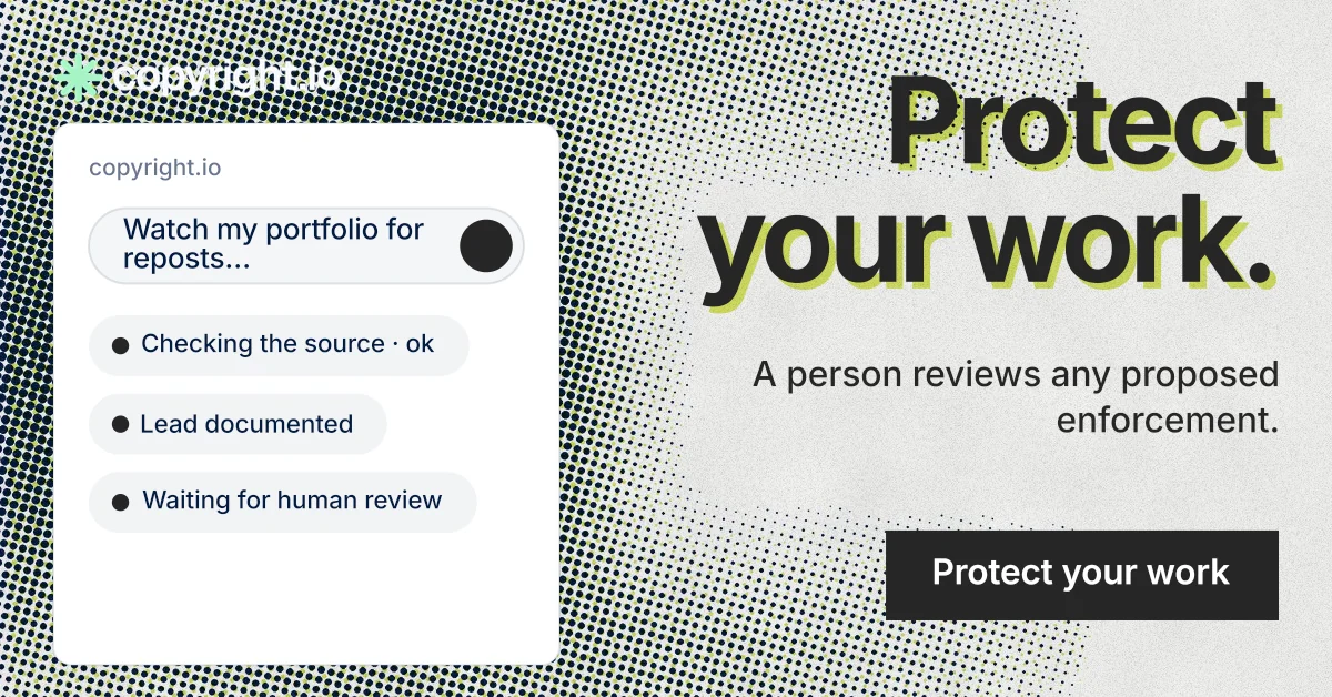Social ad for copyright.io: "Protect your work." Swiss style, right layout, light palette in white, grey.