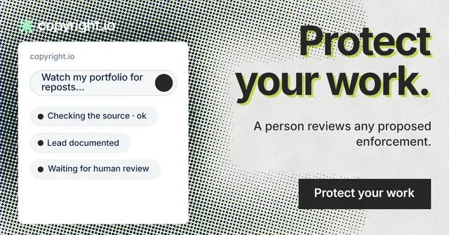 Social ad for copyright.io: "Protect your work." Swiss style, right layout, light palette in white, grey.