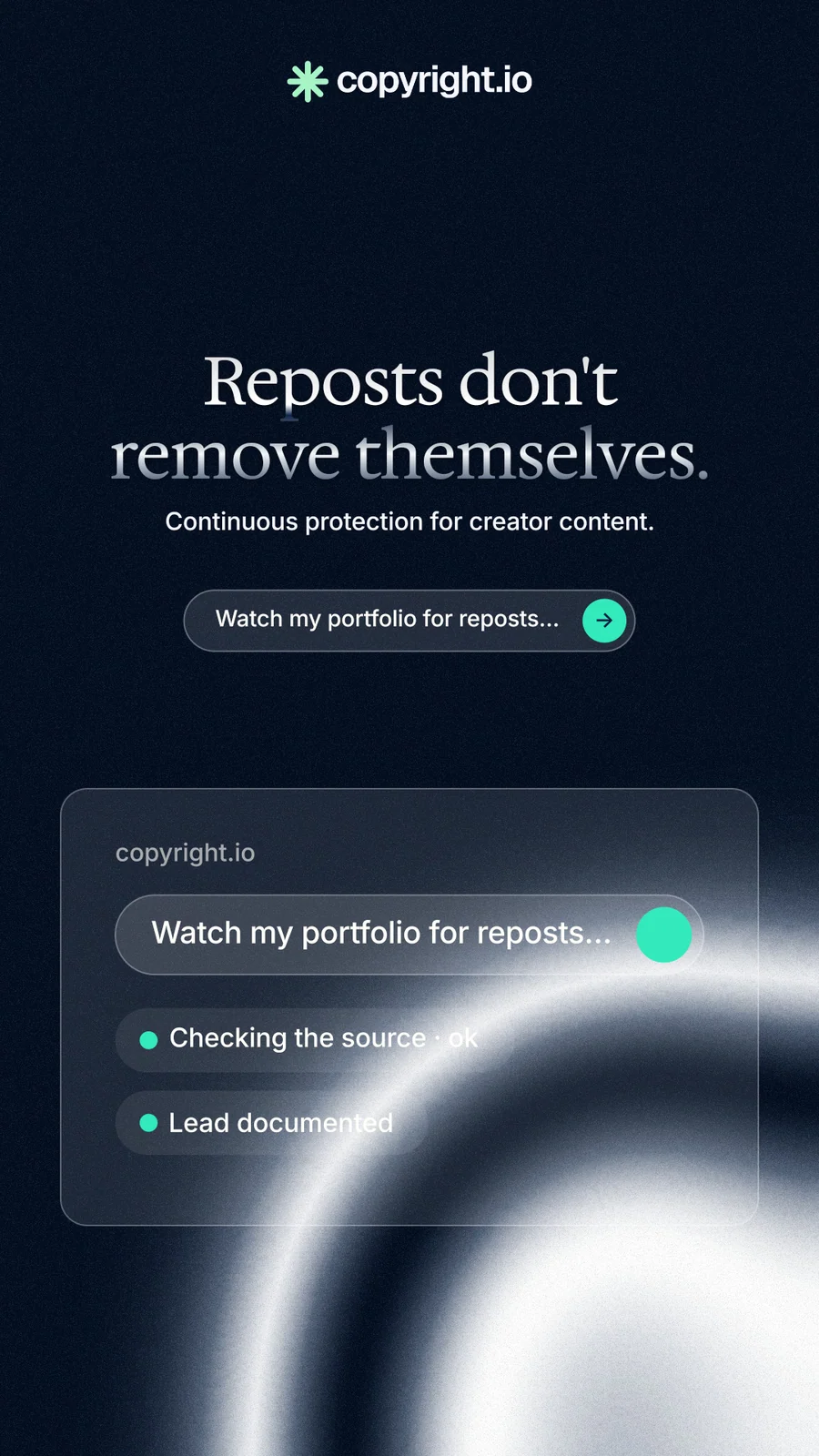 Instagram story for copyright.io: "Reposts don't remove themselves." Agentic glass style, centred layout, dark palette in black, blue, grey.