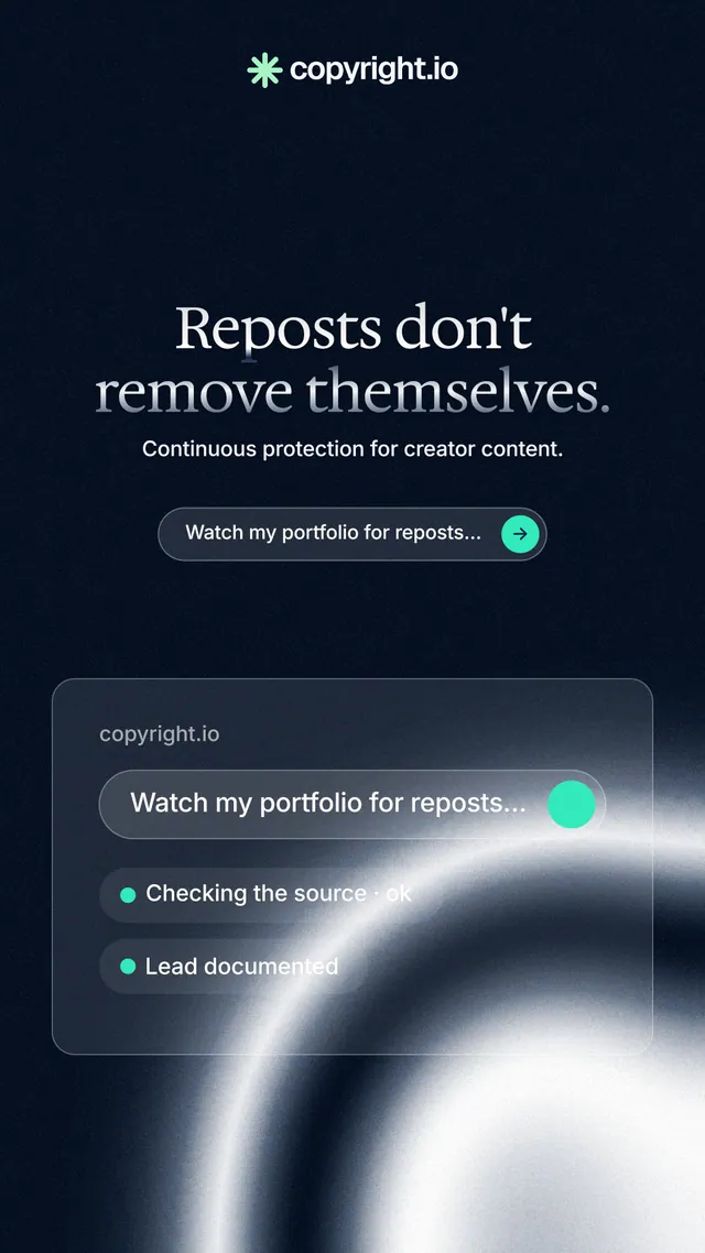Instagram story for copyright.io: "Reposts don't remove themselves." Agentic glass style, centred layout, dark palette in black, blue, grey.