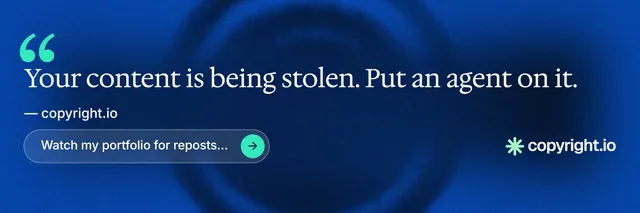X header for copyright.io: "Put an agent on it." Agentic glass style, quote layout, dark palette in blue.