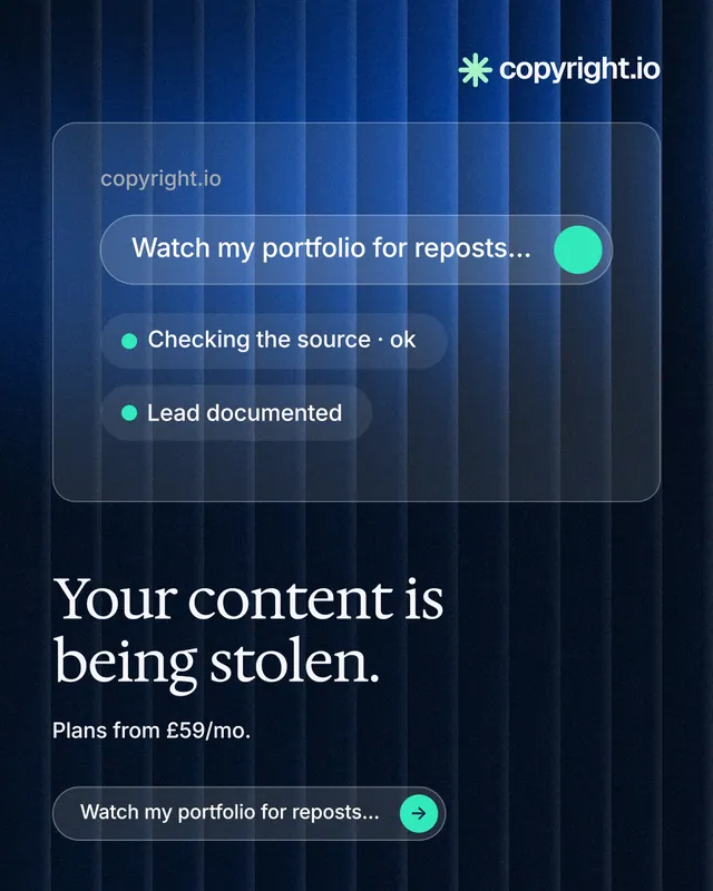Instagram portrait post for copyright.io: "Your content is being stolen." Agentic glass style, bottom layout, dark palette in black, blue.