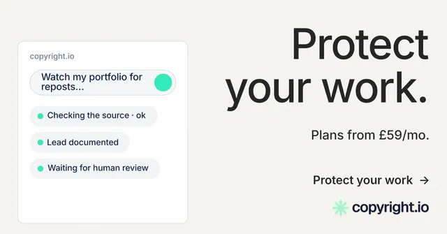 Social ad for copyright.io: "Protect your work." Minimal luxury style, right layout, light palette in white, grey.