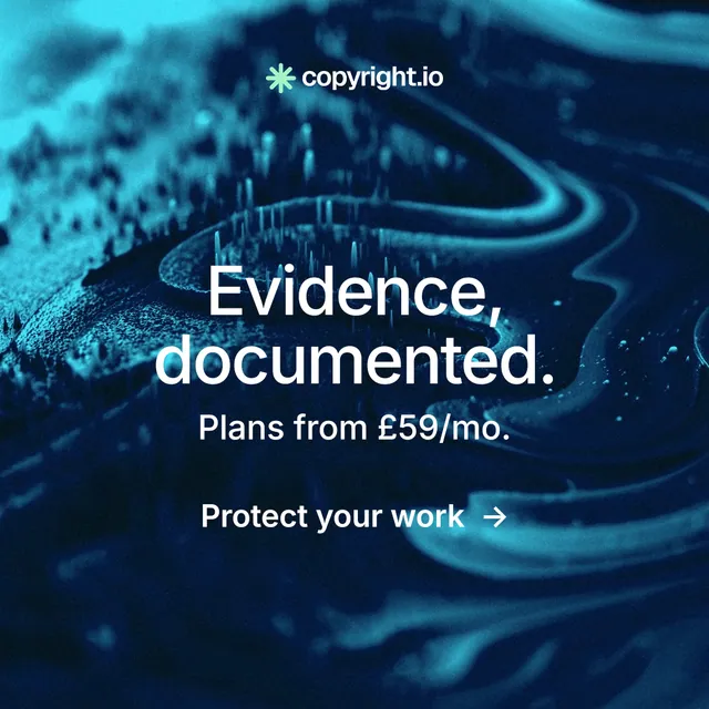 Instagram post for copyright.io: "Evidence, documented." Minimal luxury style, skeleton layout, dark palette in teal, blue, black.
