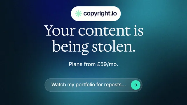 Landscape graphic for copyright.io: "Your content is being stolen." Agentic glass style, centred layout, dark palette in blue, black, teal.