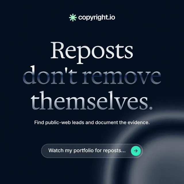 Instagram post for copyright.io: "Reposts don't remove themselves." Agentic glass style, centred layout, dark palette in black, grey.
