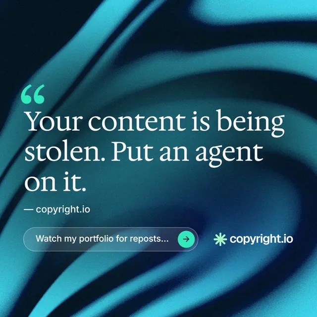 Instagram post for copyright.io: "Reposts don't remove themselves." Agentic glass style, quote layout, dark palette in black, blue, teal.