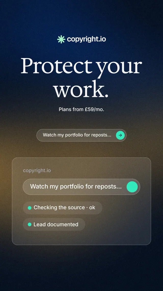 Instagram story for copyright.io: "Protect your work." Agentic glass style, centred layout, dark palette in blue, black, grey.