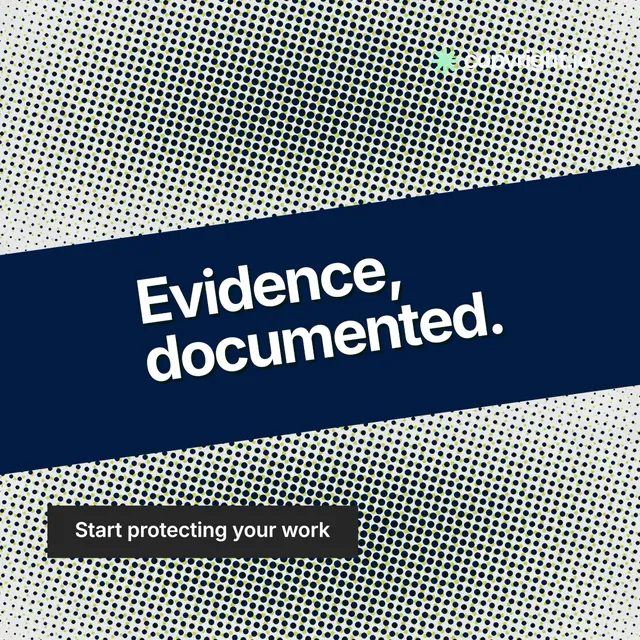 Instagram post for copyright.io: "Evidence, documented." Swiss style, diagonal layout, light palette in grey, blue.
